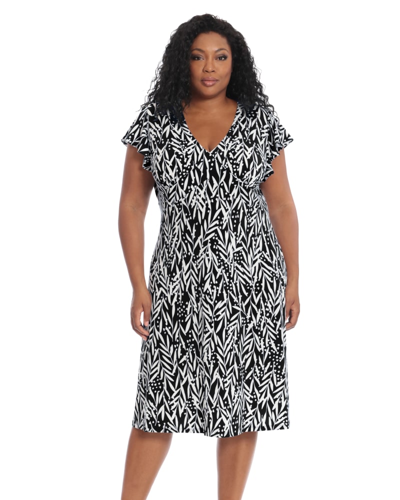 Front of a model wearing a size 18W Lilly Ruffle Sleeve Midi Dress in Blk/White by London Times. | dia_product_style_image_id:268556